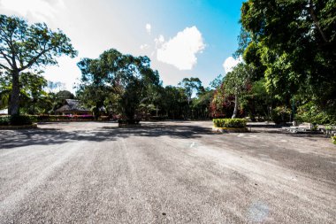 Old pavilion, terraces,traditional buildings,tropical plants in Riviera Maya, a Mexican paradise famous for its tourist base with luxury hotels and restaurants.