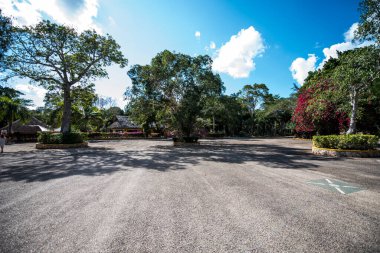 Old pavilion, terraces,traditional buildings,tropical plants in Riviera Maya, a Mexican paradise famous for its tourist base with luxury hotels and restaurants.
