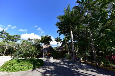 Old pavilion, terraces,traditional buildings,tropical plants in Riviera Maya, a Mexican paradise famous for its tourist base with luxury hotels and restaurants.