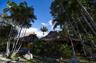 Old pavilion, terraces,traditional buildings,tropical plants in Riviera Maya, a Mexican paradise famous for its tourist base with luxury hotels and restaurants.