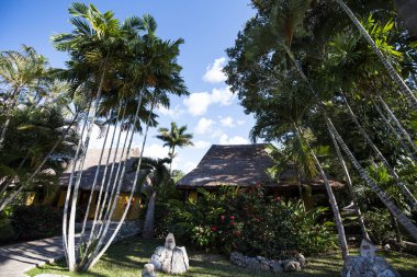 Old pavilion, terraces,traditional buildings,tropical plants in Riviera Maya, a Mexican paradise famous for its tourist base with luxury hotels and restaurants.