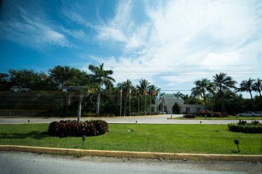 Old pavilion, terraces,traditional buildings,tropical plants in Riviera Maya, a Mexican paradise famous for its tourist base with luxury hotels and restaurants.