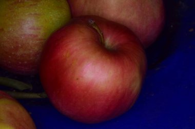 Fruits on a blue plate in the kitchen, closeup of photo