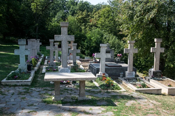 Mramorový Kříž Pohřební Pomník Ortodoxní Symbol Smrti Vzkříšení Který Jedním — Stock fotografie
