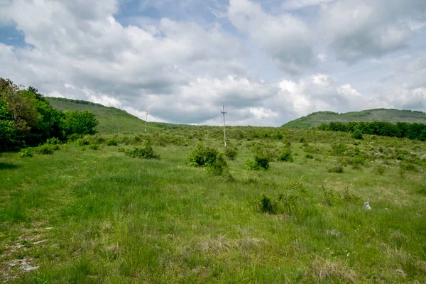 stock image Landscape view of the green forest and blue sky in the mountains