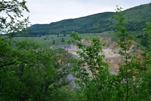 Krajina Pohled Vápencový Lom Spoustou Zelených Stromů — Stock fotografie