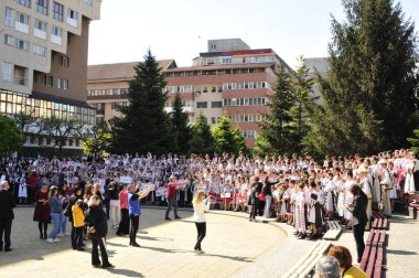 Gorj ilçesinden genç halk dansçıları geometrik ve çiçek desenli dikişli renkli geleneksel ulusal kostümler giyerler.