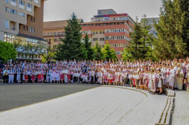 Gorj ilçesinden gelen halk müziği sanatçıları geometrik ve çiçek desenli parlak renkli geleneksel ulusal kostümler giyiyorlar..