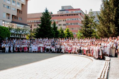 Gorj ilçesinden gelen halk müziği sanatçıları geometrik ve çiçek desenli parlak renkli geleneksel ulusal kostümler giyiyorlar..