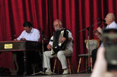 Gorj ilçesinden gelen halk müziği sanatçıları geometrik ve çiçek desenli parlak renkli geleneksel ulusal kostümler giyiyorlar..