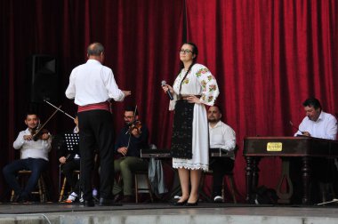 Gorj ilçesinden gelen halk müziği sanatçıları geometrik ve çiçek desenli parlak renkli geleneksel ulusal kostümler giyiyorlar..