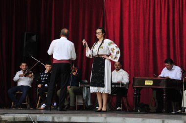 Gorj ilçesinden gelen halk müziği sanatçıları geometrik ve çiçek desenli parlak renkli geleneksel ulusal kostümler giyiyorlar..