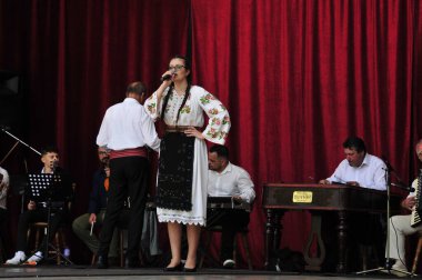 Gorj ilçesinden gelen halk müziği sanatçıları geometrik ve çiçek desenli parlak renkli geleneksel ulusal kostümler giyiyorlar..