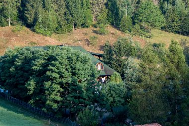 Ormanla çevrili küçük bir evin hava aracı görüntüsü