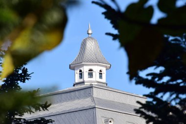 Arka planda mavi gökyüzü olan ağaçta beyaz bir haç..