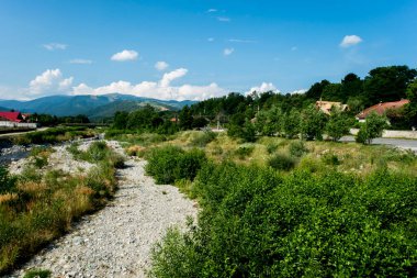Dağ nehrinin yakınındaki köy manzarası