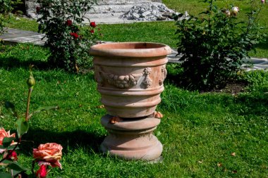 Bir çiçeğin vazosunun dikey yakın plan görüntüsü.