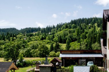 Ukraynalı Karpatların ormandaki ahşap evi. Doğa.