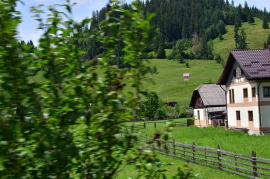 Yazın Karpat Dağları 'ndaki eski ahşap evin manzarası