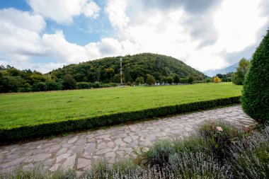 Dağlarda ağaçları olan bir bahçeden güzel bir manzara.