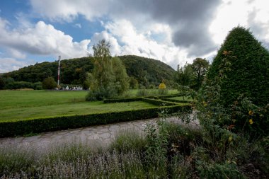 Arkasında ağaç olan güzel bir park manzarası.
