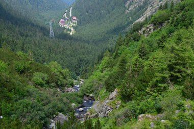 Yeşilliklerle çevrili bir dağın dikey görüntüsü ve arka planda bulutlu bir gökyüzü.