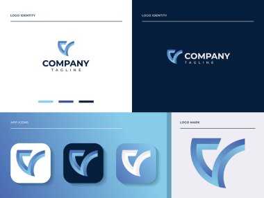 V harfi profesyonel logo seti. Çeşitli iş ve şirketlerde kullanması kolay. İşaretin kendisi sosyal medya avatarı, web sitesi veya mobil simge olarak harika görünecektir.