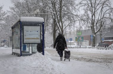 KOLOBRZEG, Batı Pomeranya - POLAND - 2021: Bir kadın çantalı otobüs durağına gider