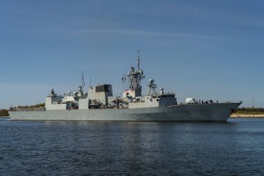 WARSHIP - A Canadian frigate is sailing from port to sea