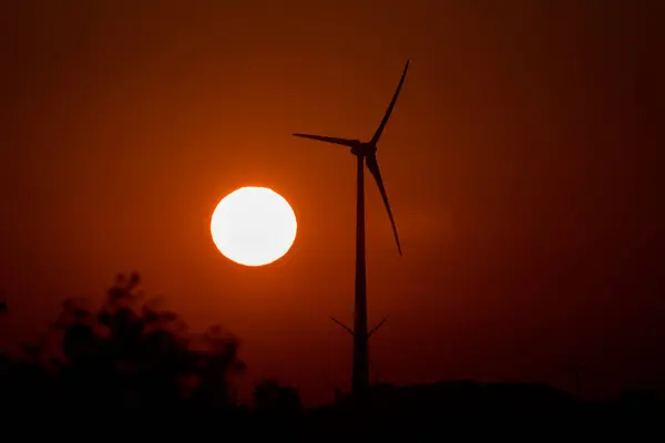 风电场和太阳能 一个阳光明媚 炎热的早晨和可再生能源 — 图库照片