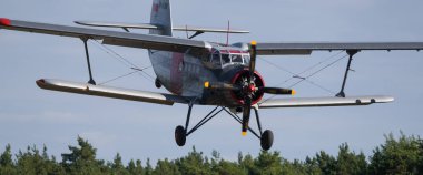 BÜYÜK SULINOWO, BATI POMERANYAN - POLAND - 11 AĞUSTOS, 2023: Bir AN-2 çift kanatlı uçak bir havaalanına inmek için yaklaşıyor