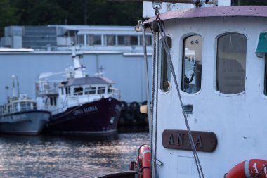 KOLOBRZEG, Batı Pomeranya - POLAND - 09 Temmuz 2023: Bir limana demirlemiş balıkçı tekneleri