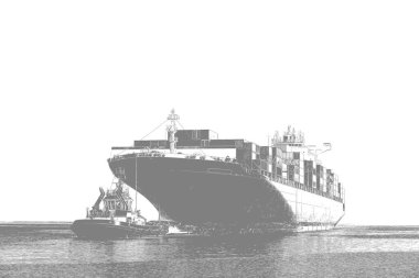 MARITIME TRANSPORT - The container ship sails to port with assistance of a tug clipart
