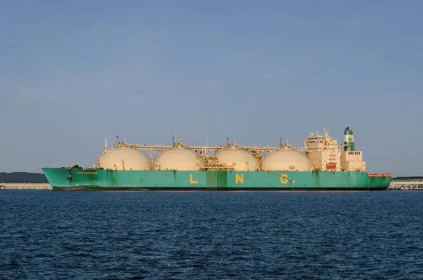 stock image SWINOUJSCIE, WEST POMERANIAN - POLAND - JULY 13, 2020: LNG tanker moored at the gas terminal