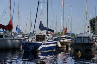 CZAPLINEK, WEST POMERANIAN - POLAND - JUNE 14, 2024: LANDSCAPE BY THE LAKE - A sailboats moored in the marina clipart