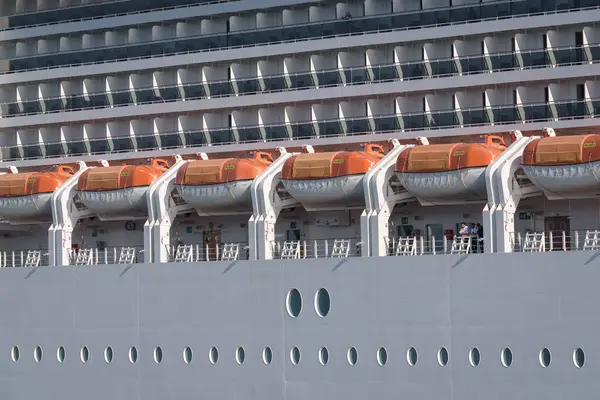 stock image GDYNIA, POMERANIAN REGION - POLAND - MAY 25, 2024:LIFEBOATS - A rescue deck on the cruise ship