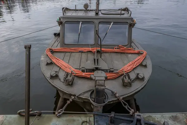 stock image MILITARY MOTOR BOAT - A boat for building and supporting pontoon bridges on rivers