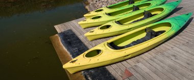 RECREATIONAL KAYAKS - Colorful boats on a wooden pier on the lake clipart