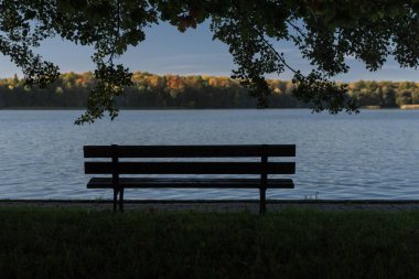 AUTUMN LANDSACAPE - Güneşli bir günde, renkli yaprakların altında gölün kenarında bir bank