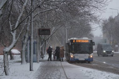 KOLOBRZEG, Batı Pomeranya - POLAND - 11 HAZİRAN 2025: ŞEHİRİNDE SNOWFALL - Otobüs durağı, araçlar ve cadde bir kar tabakası ile kaplı