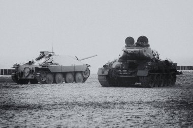 İkinci Dünya Savaşı 'ndan kalma Sovyet ve Alman yapımı zırhlı askeri araçlar deniz kıyısında TANK VE SELF-PROPELD Tabanca