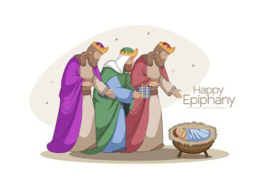 Üç Bilge Adam ve İsa 'nın Epifani Sahnesinin Vektör İllüstrasyonu.