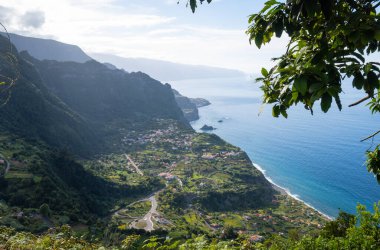 Güneşli bir günde Atlantik Okyanusu 'nun önünde yeşil tarlaları olan Madeira kıyısı.
