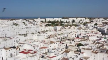 Endülüs 'ün Cadiz ilindeki beyaz kasabanın hava manzarası. Vejer de la frontera yukarıdan görüldü, Güney İspanya 'da