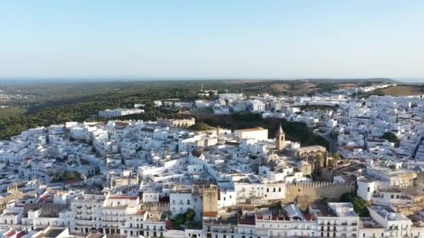 Zdjęcia Lotnicze Dronów Vejer Frontera Białe Hiszpańskie Miasteczko Andaluzji Wybrzeżu — Wideo stockowe
