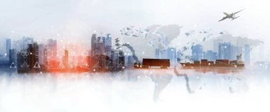 Dünya lojistik geçmişi veya ulaşım sektörü veya nakliye sektörü, konteyner sevkiyatı, kamyon teslimatı, uçak, ithalat ihracat kavramı