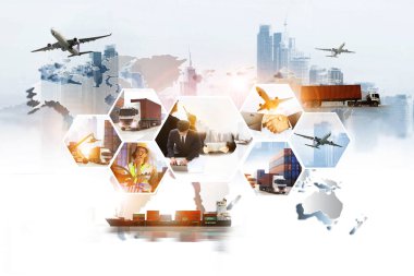 Dünya lojistik ağı dağıtımı veya taşımacılık endüstrisi veya nakliye sektörü, konteyner sevkiyatı, kamyon sevkiyatı, uçak, ithalat ihracat kavramı