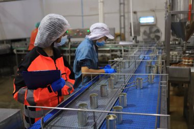 Gıda mühendisi gıda fabrikasında üretim bandı için çalışıyor. 