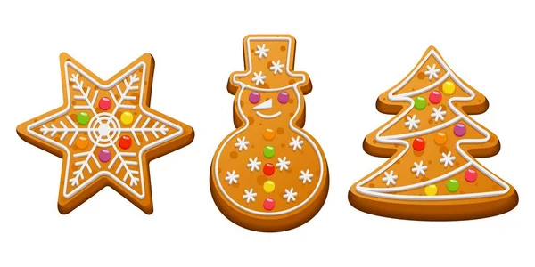 Biscoitos Festivos Inverno Boneco Neve Árvore Natal Estrela Com Açúcar — Vetor de Stock