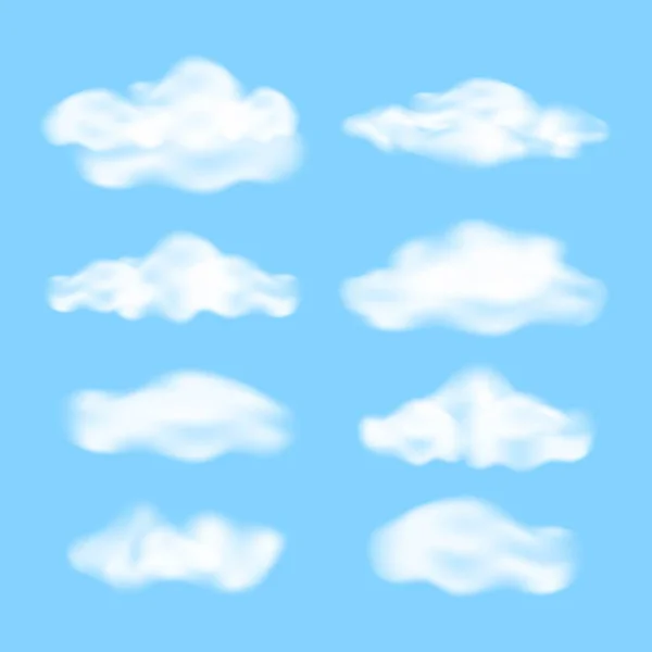 Zestaw Realistycznych Puszystych Chmur Niebieskim Tle Różne Białe Chmury Ilustracja — Wektor stockowy
